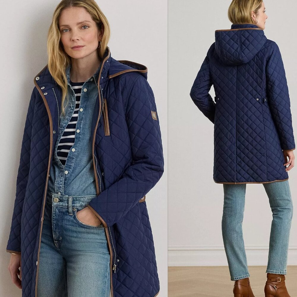 Lauren Ralph Lauren Hooded Quilted Faux-Suede-Trim Coat | Summer Navy | Size Sma